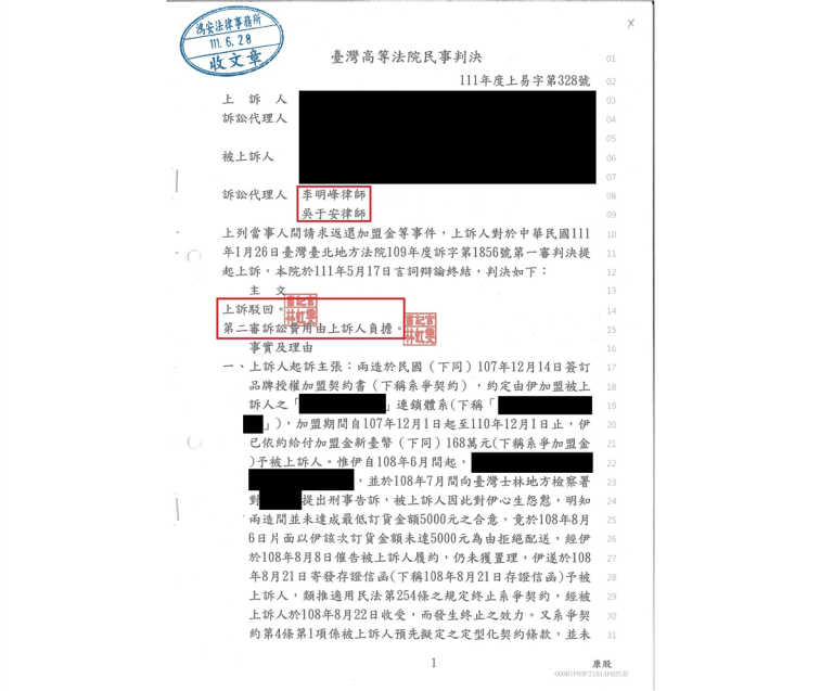 再傳捷報！雙強出擊再次大獲全勝！[民事勝訴-請求返還加盟金]